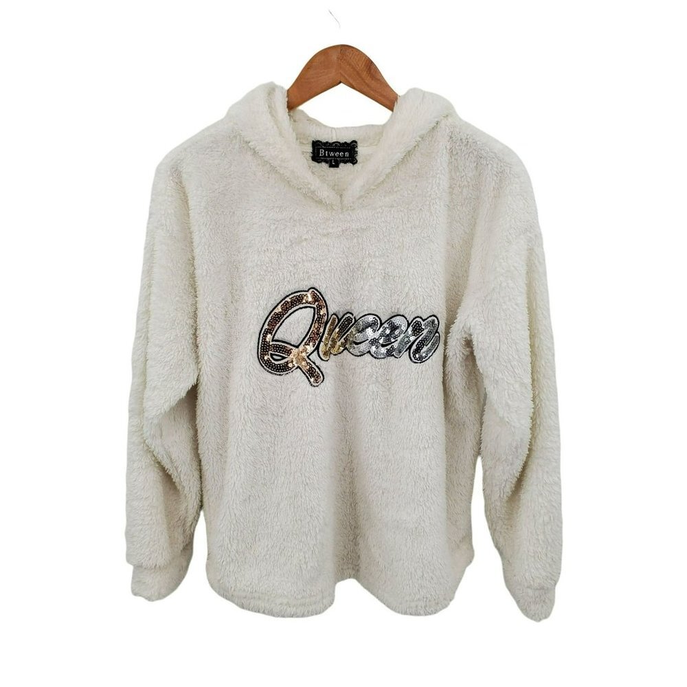 Womens "Queen" Sherpa Pullover Hoodie Sweater Sweatshirt Sz‎ L White Long Sleeve